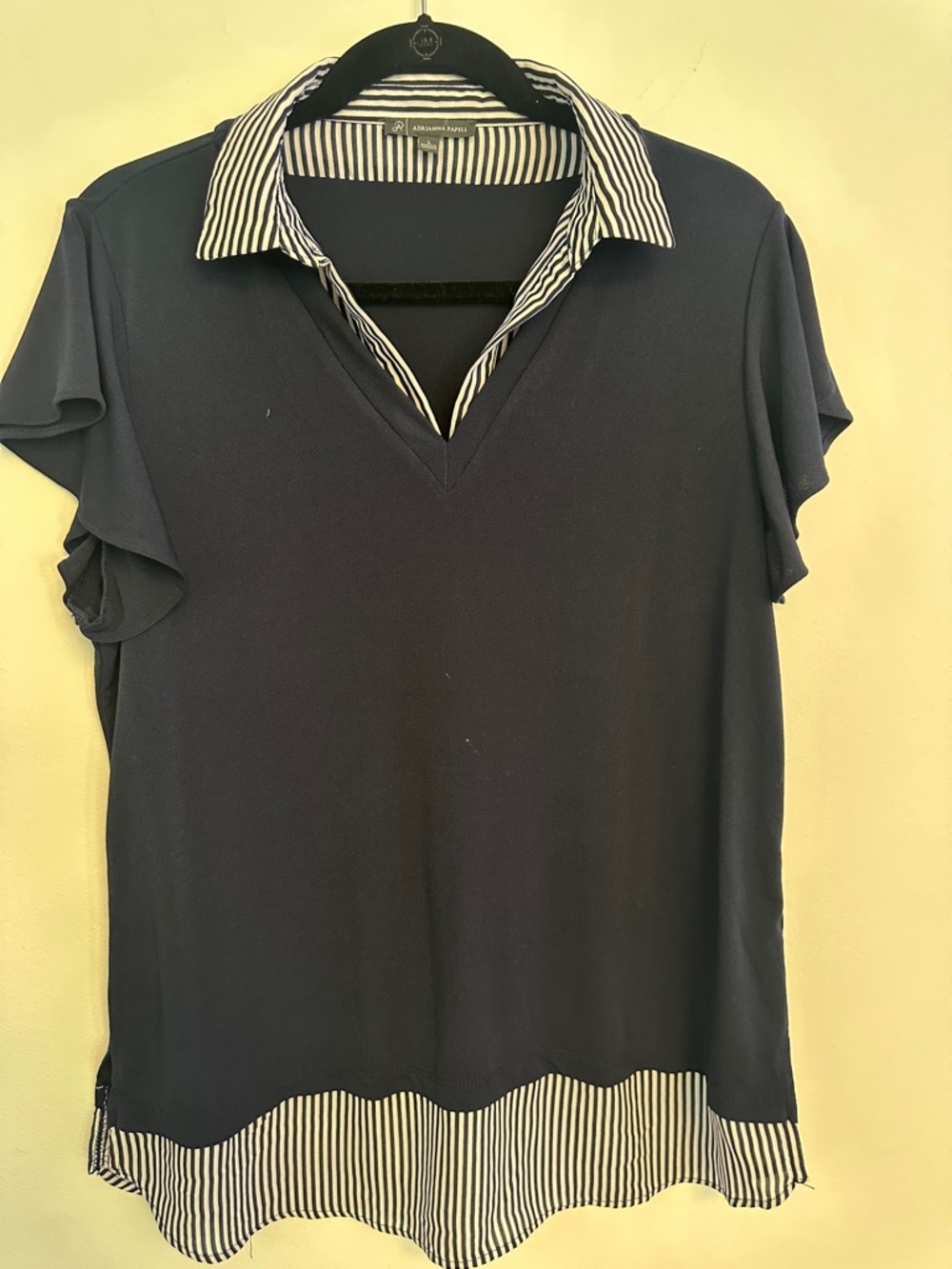 Adrianna Papell Navy Top with Black-and-White Striped Collar and Hem